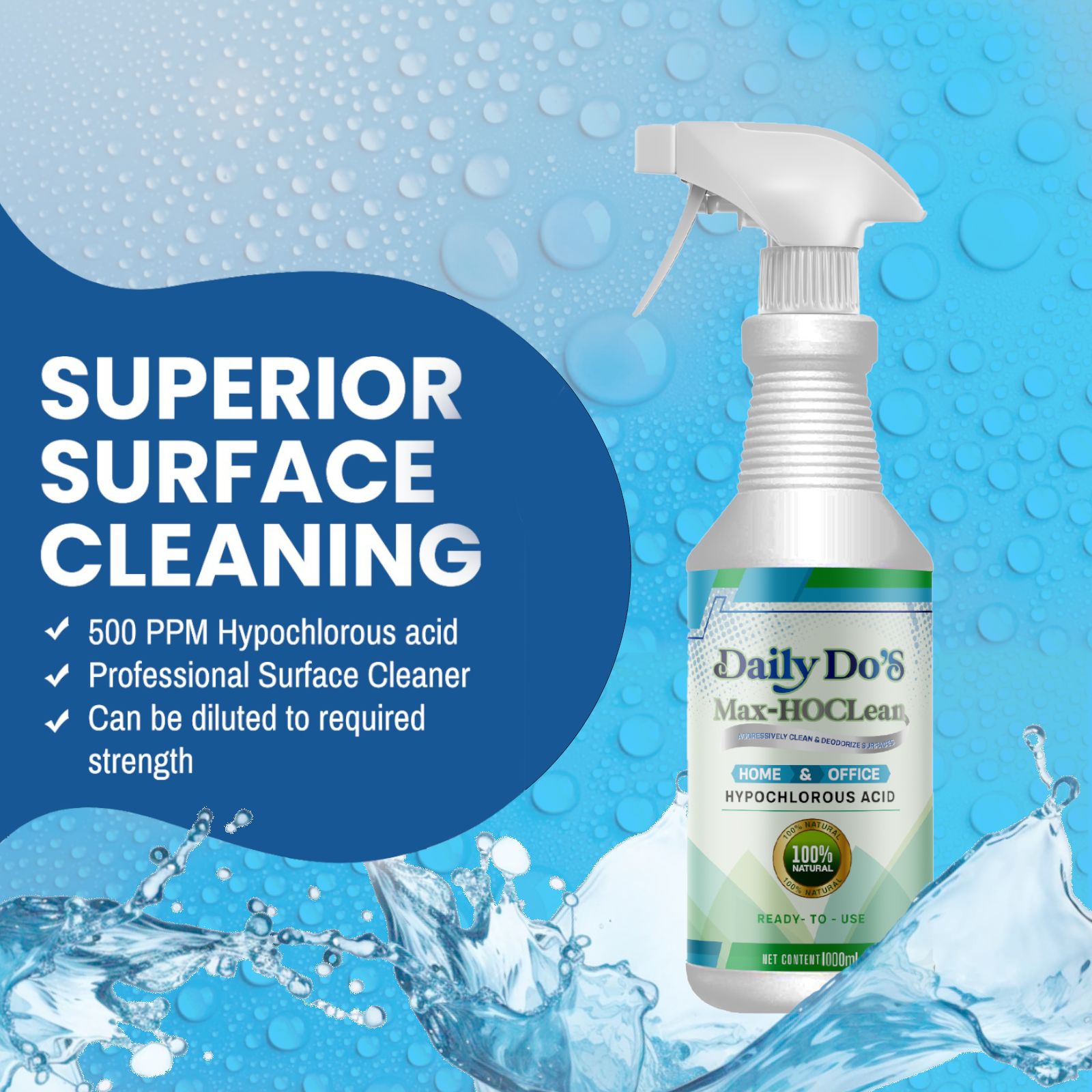 Daily Do's Hypochlorous Acid (HOCl) Cleaning Spray for Home & Office | 500ppm Professional Strength | Ready-to-Use with Sprayer | Alcohol-Free & Non-Staining | 1 Litre