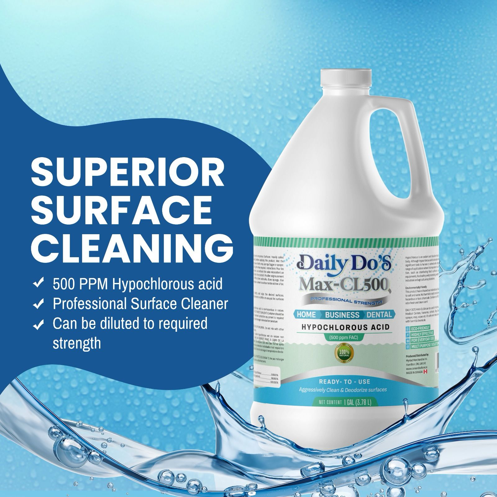 Daily Do's Hypochlorous Acid (HOCl) Multi-Purpose Cleaner | 500ppm | 4L Value Size | Professional Strength, Alcohol-Free & Non-Staining